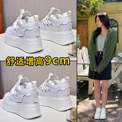 新款小白鞋皮面女鞋內增高女士休閒松糕平底鞋女坡跟2025真皮單鞋