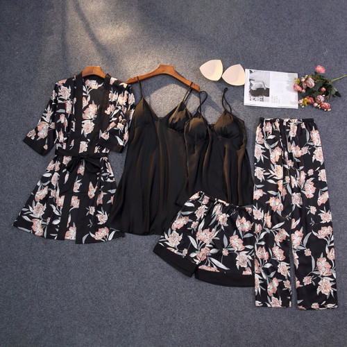 帶胸墊夏季女士仿真絲睡衣韓版印花開衫絲綢薄款五件套家居服