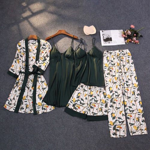 帶胸墊夏季女士仿真絲睡衣韓版印花開衫絲綢薄款五件套家居服