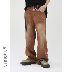 nirben牛仔|   復古棕色水洗牛仔褲韓版顯瘦寬松直筒休閒濶腿褲子