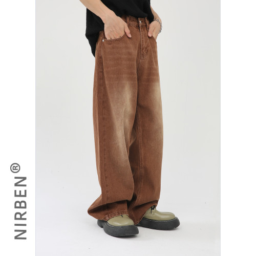 nirben牛仔|   復古棕色水洗牛仔褲韓版顯瘦寬松直筒休閒濶腿褲子