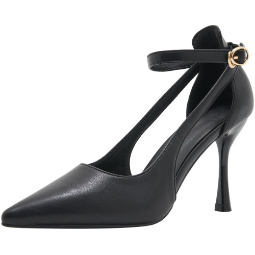 高跟鞋女細跟一字釦小碼拼接單鞋女性感大碼工作鞋職業通勤涼鞋女