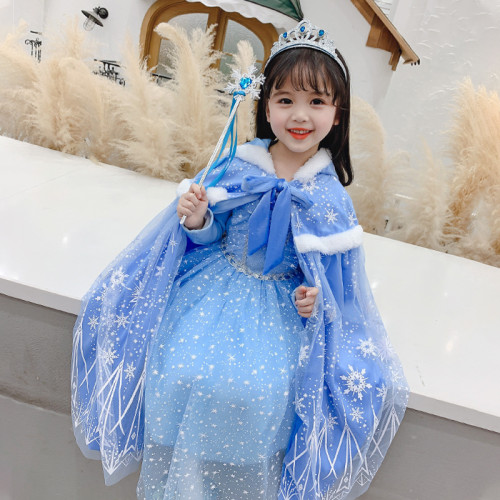 女童愛莎公主加絨加厚鬭篷披風冰雪奇緣鬭篷披肩女孩秋冬系帶坎肩