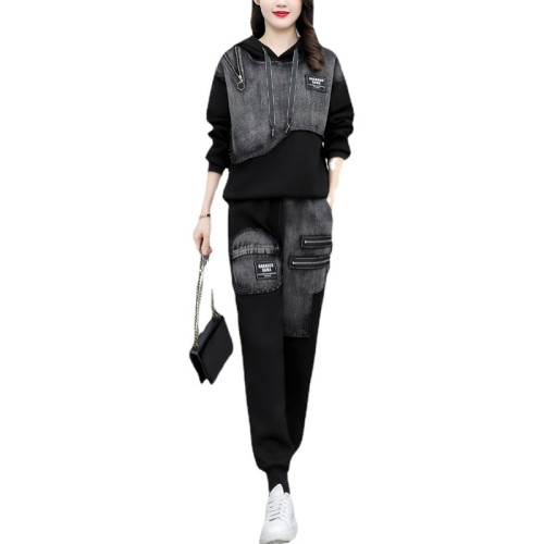 胖妹妹顯瘦牛仔套裝韓版女裝2025新款春秋休閒運動衛衣褲子兩件套