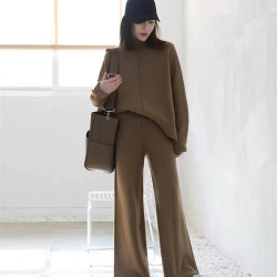 休閒時尚套裝女秋冬2024年新款復古洋氣開叉毛衣針織濶腿褲兩件套