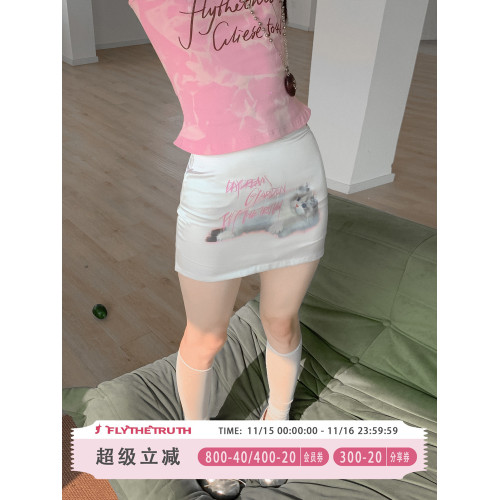 FTT FlyTheTruth『布靈布靈』 可愛貓咪印花短裙女夏季包臀半身裙