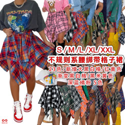 GL6556 歐美女裝夜店 時尚不規則格子綁袖假襯衫半身裙