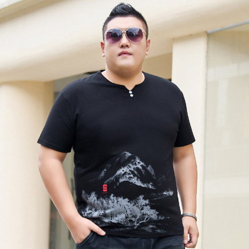 夏季新款大碼男裝國風刺綉條紋印花V領短袖恤男寬松百搭肥佬T恤男