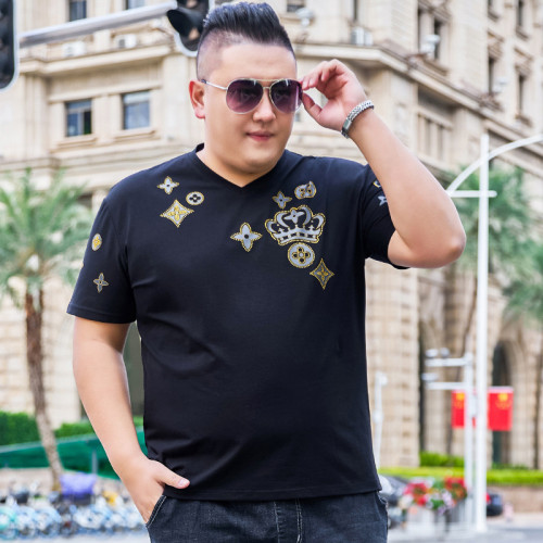 夏季新款大碼男裝國風刺綉條紋印花V領短袖恤男寬松百搭肥佬T恤男