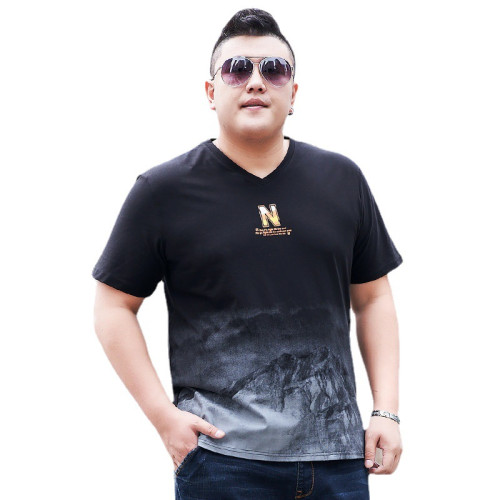 夏季新款大碼男裝國風刺綉條紋印花V領短袖恤男寬松百搭肥佬T恤男