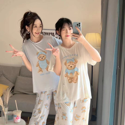 Reefur Rinka梨花家新品春季睡衣女莫代爾棉卡通印花短袖長褲baby