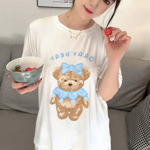 Reefur Rinka梨花家新品春季睡衣女莫代爾棉卡通印花短袖長褲baby