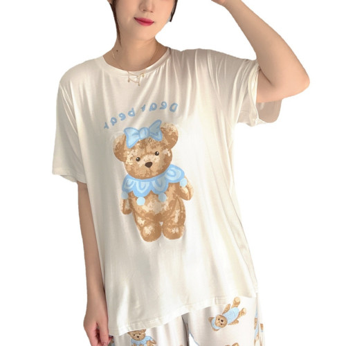 Reefur Rinka梨花家新品春季睡衣女莫代爾棉卡通印花短袖長褲baby