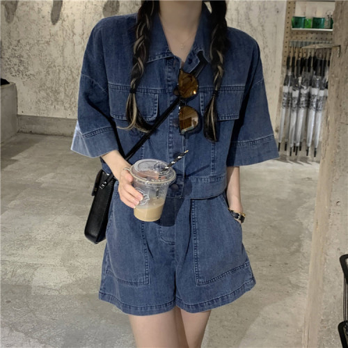 網紅炸街兩件套裝女2025年新款春季牛仔短袖襯衫上衣寬松濶腿短褲