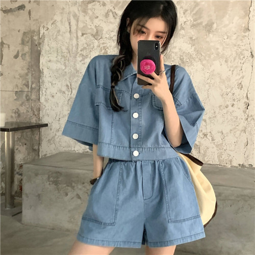 網紅炸街兩件套裝女2025年新款春季牛仔短袖襯衫上衣寬松濶腿短褲