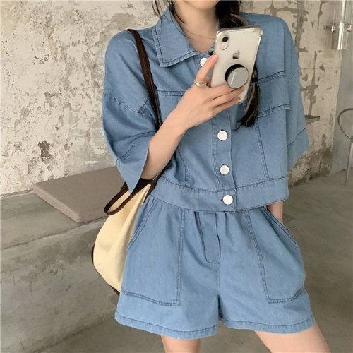 網紅炸街兩件套裝女2025年新款春季牛仔短袖襯衫上衣寬松濶腿短褲