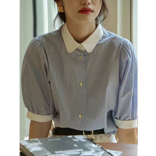 法式小衆設計感藍白條紋襯衫女夏新款短袖泡泡袖氣質撞色襯衣10色