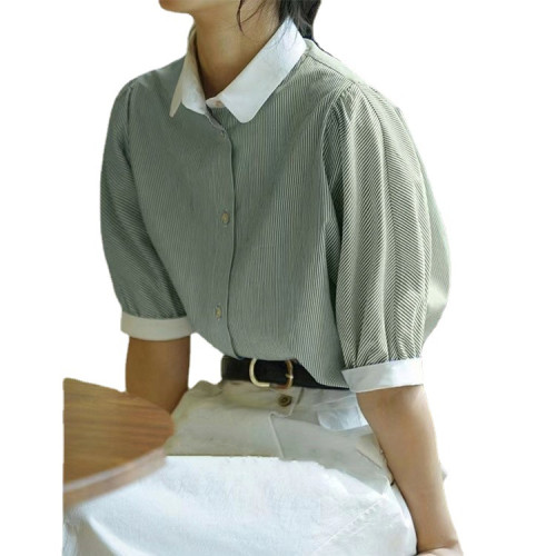 法式小衆設計感藍白條紋襯衫女夏新款短袖泡泡袖氣質撞色襯衣10色