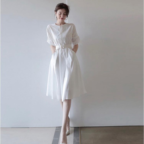 法式氣質女神長款連衣裙夏季初戀白色森系襯衫收腰連衣裙子仙女裙