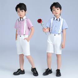 六一兒童演出服男童夏季短袖背帶褲套裝條紋學院合唱演講鋼琴表演