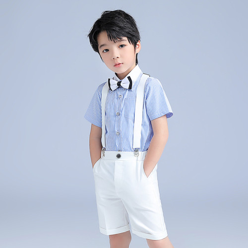 六一兒童演出服男童夏季短袖背帶褲套裝條紋學院合唱演講鋼琴表演