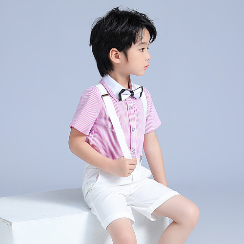 六一兒童演出服男童夏季短袖背帶褲套裝條紋學院合唱演講鋼琴表演
