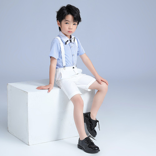 六一兒童演出服男童夏季短袖背帶褲套裝條紋學院合唱演講鋼琴表演