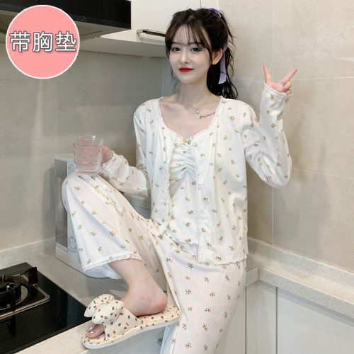 2025春夏季新款三件套6535棉帶胸墊可拆卸背心+長袖+長褲女士睡衣