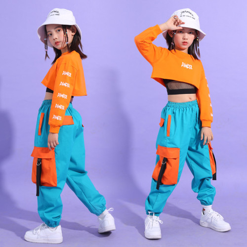 新款女童爵士舞服裝兒童嘻哈街舞服露臍走秀演出服hiphop潮表演服