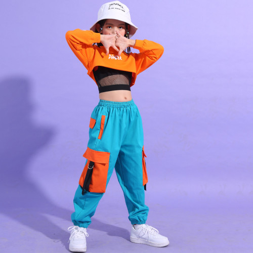 新款女童爵士舞服裝兒童嘻哈街舞服露臍走秀演出服hiphop潮表演服