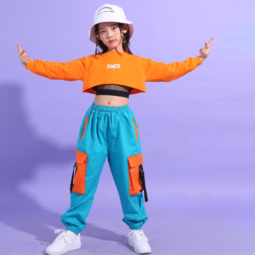 新款女童爵士舞服裝兒童嘻哈街舞服露臍走秀演出服hiphop潮表演服