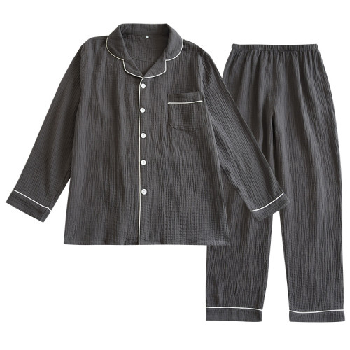縐布家居服男士棉質雙層紗布睡衣爸爸套裝長袖長褲大碼套裝