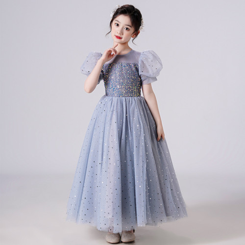 兒童禮服女童連衣裙公主裙亮片泡泡袖長裙網紗裙花童婚禮小女孩夏