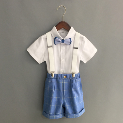 男童背帶褲套裝夏季新款中小童幼兒園西裝演出表演主持人禮服短褲