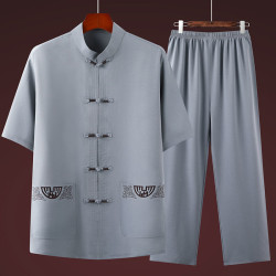 夏季唐裝男中老年短袖爸爸休閒套裝風棉麻太極服爺爺寬松衣服
