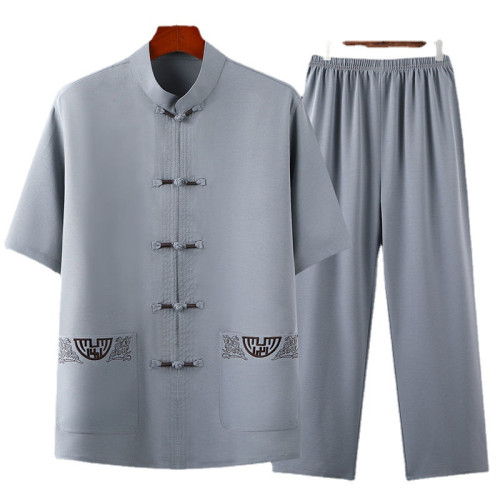 夏季唐裝男中老年短袖爸爸休閒套裝風棉麻太極服爺爺寬松衣服