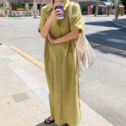2296韓國2025新款短袖長款連衣裙寬松慵懶風過膝襯衫式連衣裙女