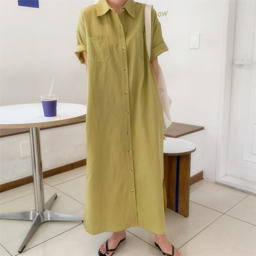 2296韓國2025新款短袖長款連衣裙寬松慵懶風過膝襯衫式連衣裙女