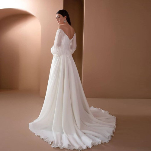歐美新款女裝新品一字領婚禮派對長袖禮服純色雪紡長裙