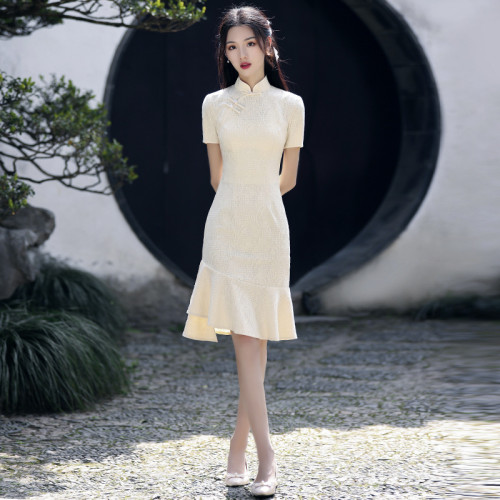 改良旗袍女2022年新款年輕款少女高級氣質小個子高級感日常魚尾裙