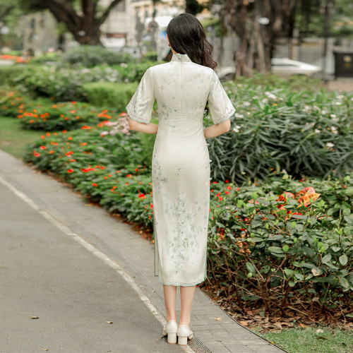8946旗袍改良式氣質少女長款綠色素雅復古國風春夏旗袍連衣裙