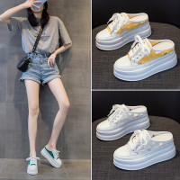 半拖鞋女2026夏季一腳蹬包頭洞洞帆布小白鞋厚底增高女鞋舒適韓版