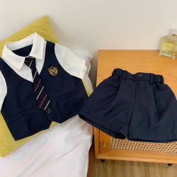 童辰辰媽童裝學院風假兩件套裝夏季兒童時髦短袖襯衫男童西褲短褲