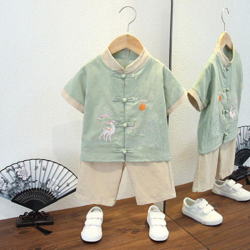 男童漢服夏季薄款風唐裝兒童古裝少爺抓周周嵗禮服男寶寶夏裝