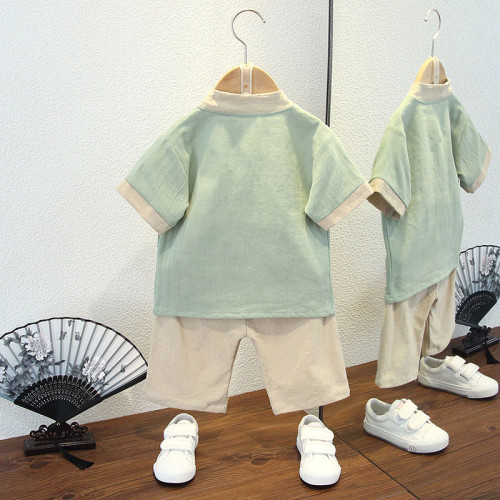 男童漢服夏季薄款風唐裝兒童古裝少爺抓周周嵗禮服男寶寶夏裝