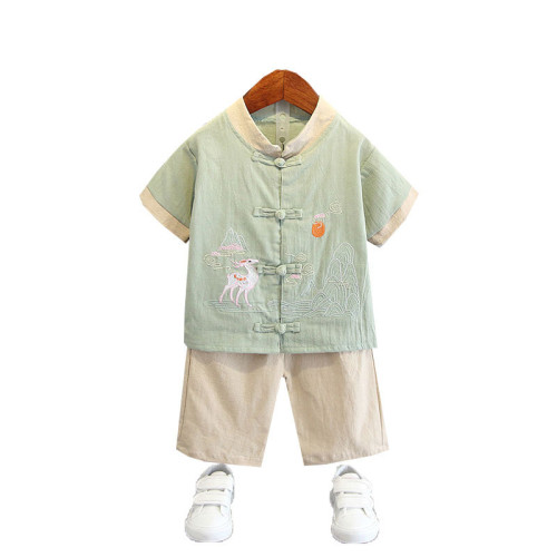 男童漢服夏季薄款風唐裝兒童古裝少爺抓周周嵗禮服男寶寶夏裝