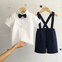 兒童背帶褲套裝夏季男童周嵗生日禮服男寶寶花童西裝嬰兒表演演出