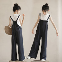 女童夏季日式背帶褲初中生新款純色休閒針織長褲原創小衆寬鬆褲子