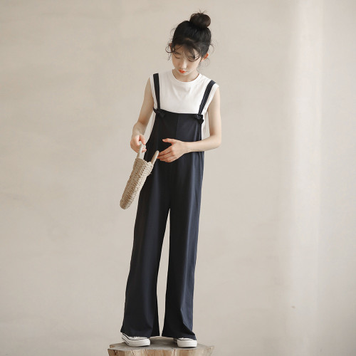 女童夏季日式背帶褲初中生新款純色休閒針織長褲原創小衆寬松褲子