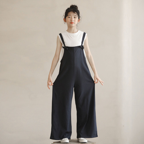 女童夏季日式背帶褲初中生新款純色休閒針織長褲原創小衆寬松褲子